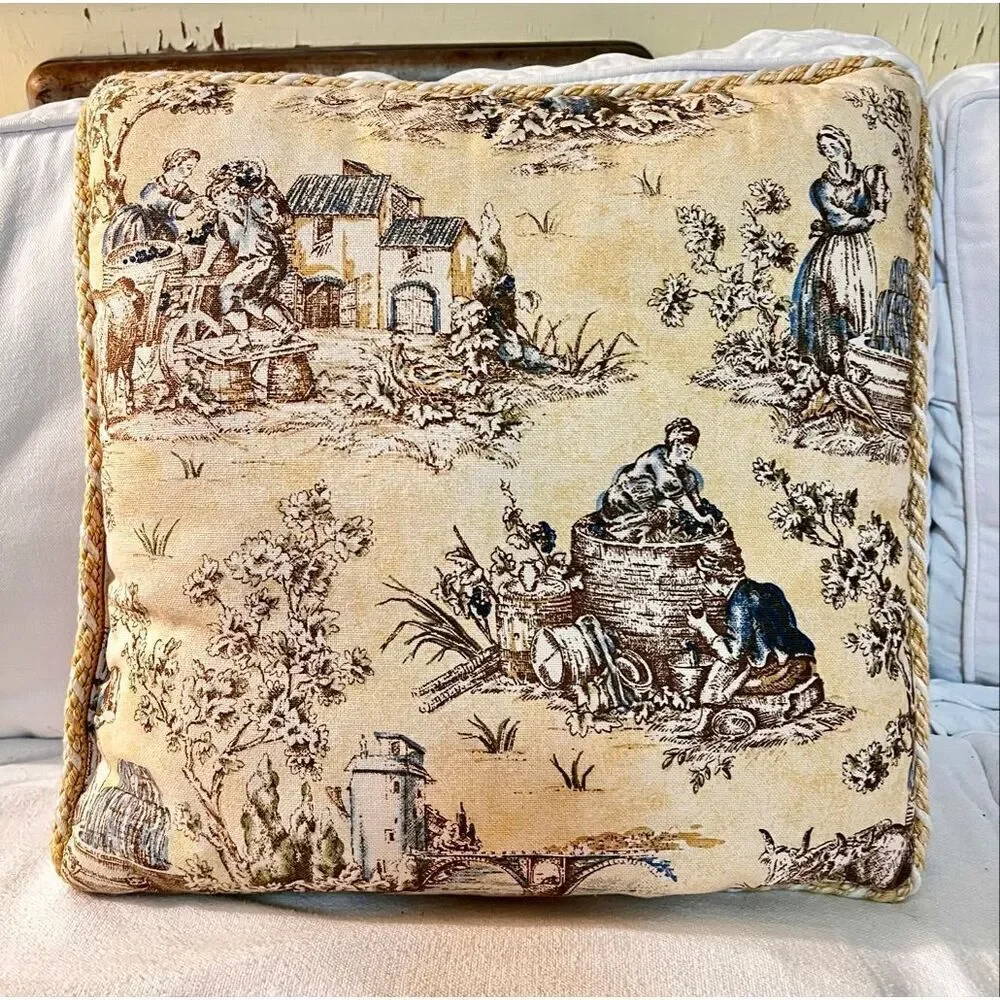 French Country Cottage Pillow Farmhouse Yellow Ivory Blue Brown Toile